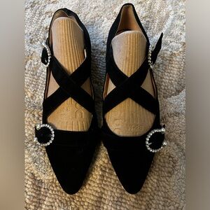 J Crew Elegant Black leather Women's Shoes with Rhinestone Buckles Size 8